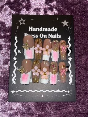 Handmade Pink & Brown Press-On Nails - Floral Nail Set